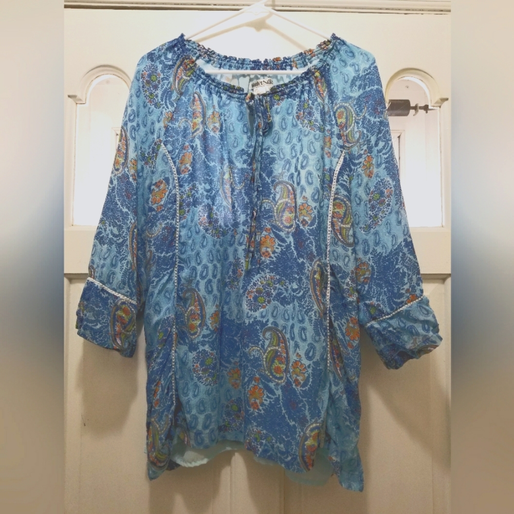 Winter Silks Women's Blue Paisley Silk Blouse, Fully Lined, XL